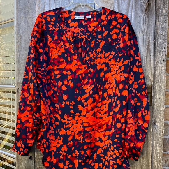 Liz Claiborne Long Sleeve V Neck Pullover Blouse | Orange/Navy/Red | SIZE: L | - Picture 1 of 5